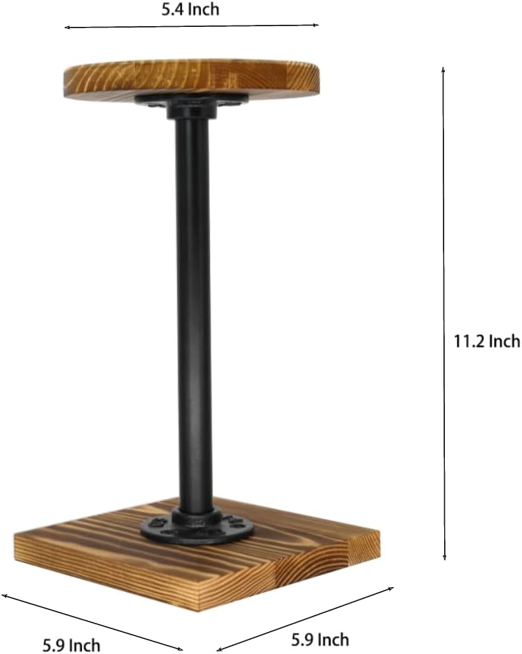 Owlgift Rustic Burnt Wood Hat Stand and Wig Display Rack, 2pcs 11.2” Hat Stands with Industrial Metal Pipe for Display, Square Barbell Base Display, Hat Rack Stand for Display Jewelry Watch Ring Bracelet Helmet