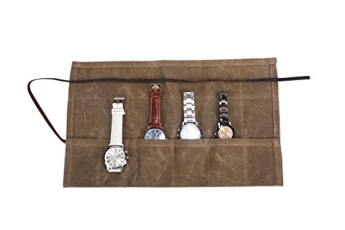 HERSENT Waxed Canvas Watch Roll Handmade Waterproof Multi-Purpose Travel Case Watch Roll-up Organizer Holds 6 Wristwatches Best Gift for Him Her Boyfriend Girlfriend Mom Dad Wife & Husband HGJ03-I