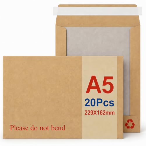STRBOXONG A5 Hardback Envelopes Do Not Bend C5 Hard Board Backed Envelopes Peel and Seal for Passport & Photos Brown Manilla Cardboard Mailers 229 x 162mm Royal Mail Large Letter (20 Pcs)