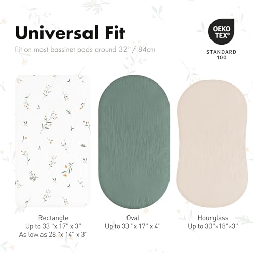 Image of Gllquen Baby Muslin Bassinet Sheets 3pk, Soft Cotton Baby Sheet Boy, 33x17 | Breathable Cozy Bassinet Mattress Fitted Sheet, Compatible with Halo Bassinest Swivel Sleeper, Snoo, Baby Delight, Green Leaf