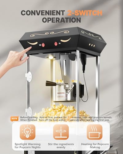 Image of 8 oz Popcorn Machine Cart, Popcorn Maker Machine with Stainless-Steel Kettle Makes Up to 32 Cups, Movie Theater Style Pop Corn Machine with Heated Warming Deck, Upgraded, Black