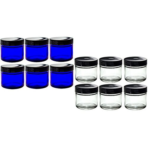 Cobalt and Clear Glass Straight Sided Jar Set of 12 : Includes 6-2 oz Cobalt Blue Glass Jars and 6-2 oz Clear Glass Jars for Essential Oils, Travel and Home