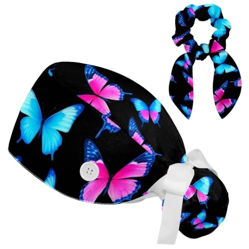 Image of Colored Butterflies Scrub Caps Women Ponytail, Adjustable Bouffant Surgical Caps with Button, Nurse Hats Long Hair
