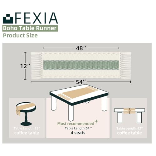 Image of FEXIA Sage Green Table Runner 48 Inches Long with Tassels Boho for Summer Home Decor Rustic Macrame Farmhouse Table Cover for Wedding Party Bohemian Bridal Shower Dining Decorations(12x48 Inches)