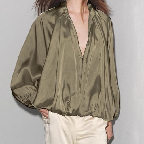 WOWULOVELY Women's Puffed Bomber Jacket Oversized Lapel Collar Streetwear Coat Long Casual Batwing Sleeve Zip Pleated Shirts2