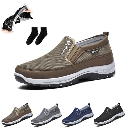 VOODUE Auguscare Shoes Men, Men's Arch Support Slip-On Canvas Loafers, Men Mesh Breathable Lightweight Non Slip Arch Support Sneakers Flats Walking Boat Shoes(Brown,US 10.5)
