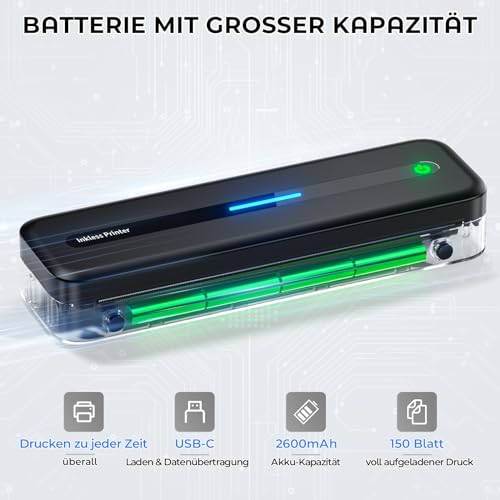 PokeLabel Mobiler Drucker A4 für Unterwegs, Tragbarer Drucker Thermodrucker A4 Wireless Bluetooth Inkless Handy Printer, 300dpi Portable Kompakt Reisedrucker für Android/iOS/Win/Mac Laptop