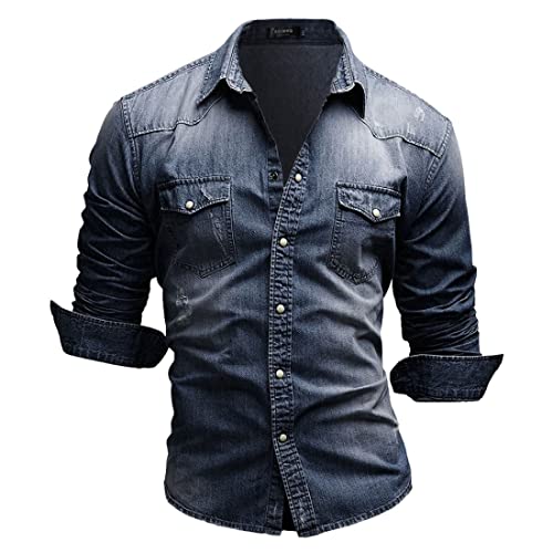 Kinkia Men's Long Sleeve Denim Shirt Casual Snap Button Down Slim Fit Ripped Shirt Jacket