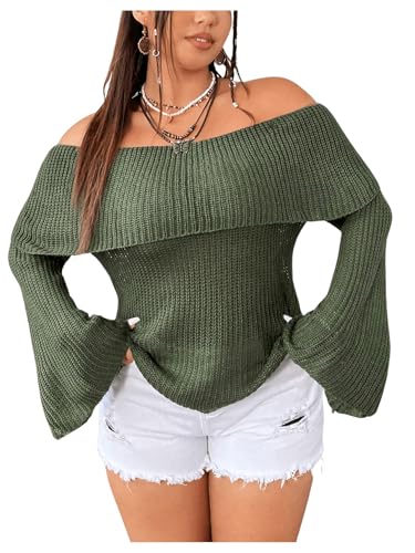 Image of MakeMeChic Women's Plus Size Off Shoulder Flounce Sleeve Sweater Loose Knit Pullover Tops Army Green 3XL