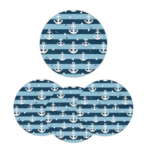 Mintoprints Anchors - Juego de 4 manteles individuales trenzados redondos náuticos a rayas azules, lavables para mesa de cocina y comedor, 38 cm