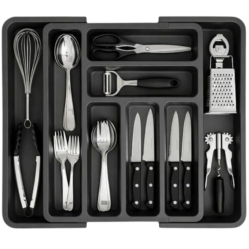 edihome, Organizador Cubiertos, Cubertero para Cajon, Bandeja de Cuberteria Extensible, con 6 a 8 Compartimentos, BPA Free, Ajustable, Utensilios de Cocina (Gris)