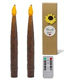 Glflickerow 2Pcs 8inch Primitive Candle Battery Operated Hand Dipped Real Wax Rustic Flameless Candles with Amber Yellow Flickering Lights for Halloween Country Home Decor