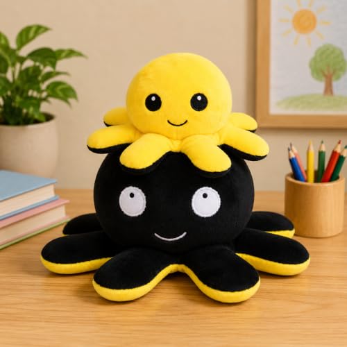 Image of Reversible Octopus Plush Toy, Yellow and Black | Soft PP Cotton Filling, Mood Expression Design