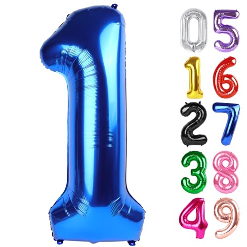 Image of Metallic Blue Number 1 Balloon 40 Inch, 1st Birthday Balloon First Birthday Decorations, Shiny Metallic Blue Party Supplies