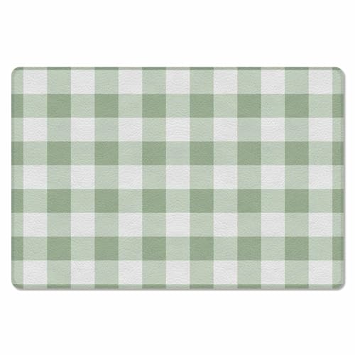 Sage Green Lattice Kitchen Bath Door Mat Cushioned Runner Rug,Washable Welcome Floor Sink Antifatigue Mat,Waterproof & Non-Slip Comfort Standing Doormat,Farmhouse Pastoral Buffalo White Check 18