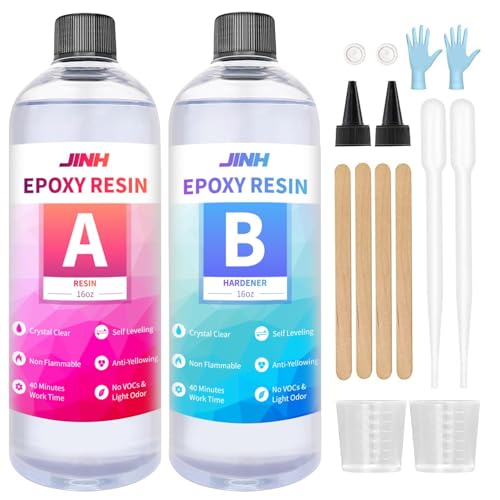 JINH 32oz Epoxy Resin Kit Casting and Coating for River Table Tops Handmade Art Jewelry Projects Casting Molds Clear Resin Safe for Use on Wood Jewelry Epoxy Resin Easy Mix 1:1 Ratio Resin Kit