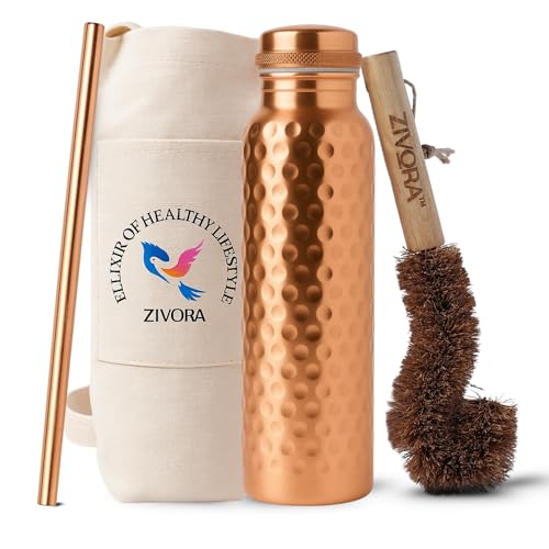 ZIVORA Pure Copper Water Bottle for Drinking Lab Tested 100% Pure Tumbler Hammered Ayurvedic Copper Bottle 34Oz