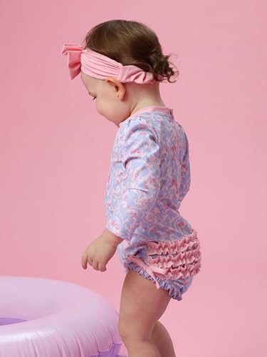 Image of RuffleButts Baby Girls UPF 50+ Sun Protection Floral Printed Long Sleeve One Piece Rash Guard Swimsuit with Zipper