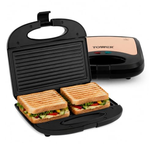 Tower Sandwich Maker 800W Non-Stick Grill Plates Cool-Touch Rose Gold | 800W fast heating, dual non-stick grill plates, cool-touch body with power ind