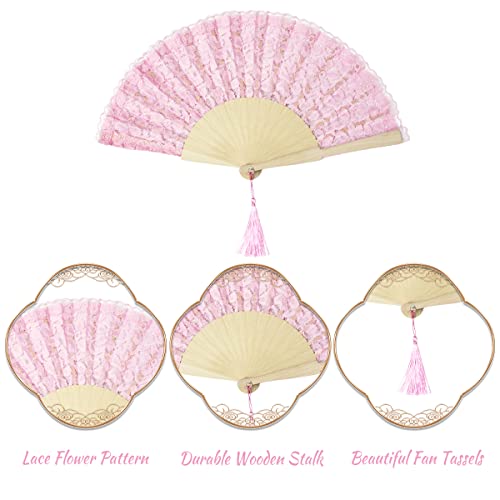 Lace Folding Fan For Women Spanish Embroidery Flower Wooden Handmade Handheld Chinese Japanese Dancing Fan For Party Performance Gift (Pink) #TOP2
