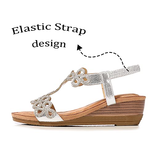 Stmaher Bohemian Wedge Sandals For Women Ladies Dress Sandal Rhinestone T-Strap Wedges Elastic Strap Cutout Sandals Walking Beach Sandal Silver-6/36 #TOP2