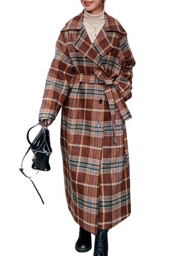 chouyatou Women's Plaid Button Down Wool Coat Notch Lapel Overcoat Winter Long Trench Coat with Belt