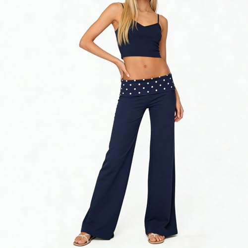 Image of Lounge Yoga Pants for Women Fold Over Low Waist Wide Leg Bell Bottoms | Y2K Foldover Pants, Flare Leggings, Low Rise Yoga Sweatpants