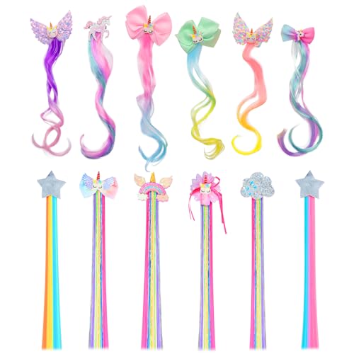 12 Pcs Hair Clips for Girls, Rainbow Hair Extensions for Kids, Colored Girl Hair Clips Accessories, Unicorn Hair Clips for Girls Toddler Kids Ponytails(Straight 6pcs + Curly 6pcs)