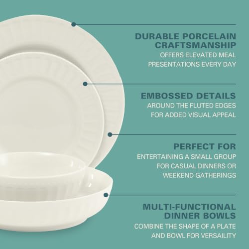 Image of Gibson Home Melbourne White Plates and Bowls Set, 16 Piece Embossed Ceramic Dinnerware Set - Service for 4 Dishes - With Pasta Bowl
