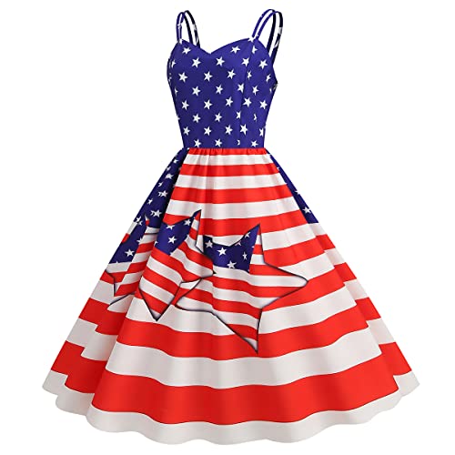 Image of OBEEII Womens 4th of July Dress Retro Spaghetti Strap American Flag Midi Dress Summer Cocktail A-line Swing Dress