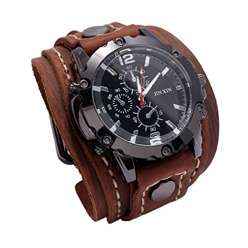 Milageto Reloj de Pulsera de Estilo Punky de Hip Hop, Relojes de Cuarzo con Correa Ancha de Cuero PU, Pulsera de Reloj para Hombre, marrón