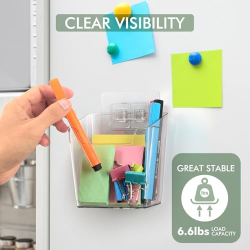Adhesive Wall Storage Bins 10 Pack, 4 Small Clear & 6 White Pen Holders, Hanging Wall Mount Pockets, Plastic Cups for Shower Bathroom Makeup Office Craft Remote Kitchen Sink RV Organization image 4