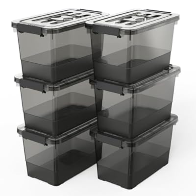 YYXB Clear Black Plastic Storage Bins with Lids/Handles, 6-Pack Stackable Storage Containers for Organizing, 7 Quart Latch Organizer Boxes