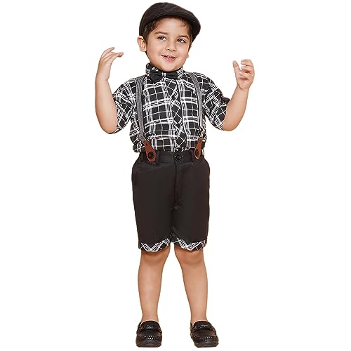 Image of AJ DEZINES Kids Cotton Blend Half Sleeve Shirt Shorts Suspender Cap Bow Tie Set For Boys