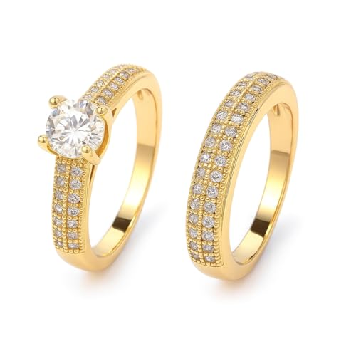 Anel Solitário com aparador 2 Peças duplo banhadas a Ouro 18K com Pedras em Zircônia Cravejado + caixinha vermelha (12)