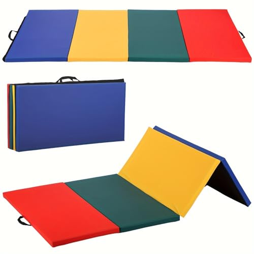 Folding Gymnastics Mat 4-Panel Yoga Mats 4'x8'x2'' Exercise Mat Gym Mat for Home Aerobics Workout Foldable Tumbling Mat for Stretching Yoga Cheerleading Martial Arts Play, Multicolor