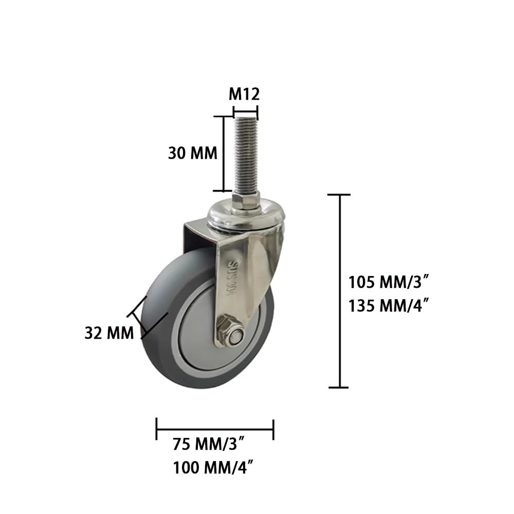 Ruote Pivottanti 3/4 Pollice con Freni, 4 Pezzi TPR Ruote in Gomma, M12 Silenziose Stelo Filettato Ruote per Carrelli, Mobili, Mobiletti(Swivel,3 inch)