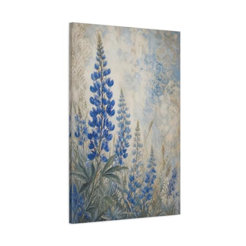 Tableau lupins bleus pour habiller un grand mur blanc de salon