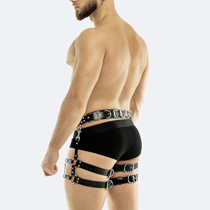 Furealux Men's PU Leather Caged Thigh Holster Goth Punk Suspenders Cage Leg Garter Men PU Leather Body Belt Restraints (Adjustable XL-XXXL)