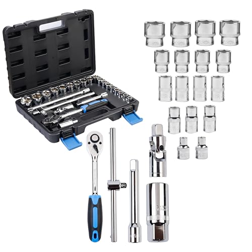 Image of Tata Agrico 24-in-1 Heavy Duty 1 /2 Inch Drive Socket Set | Hex & Bit Sockets with Ratchet Wrench | Extension Bars, Universal Joint, Spinner Handle | Mechanic Tool Kit with Storage Case | SCS003