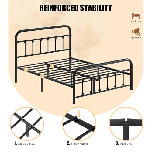 Image of Shintenchi Twin XL Size Metal Platform Bed Frame with Headboard & Footboard, Steel Slat Mattress Foundation, Under Bed Storage, Noise-Free, No Box Spring Needed, Black Round