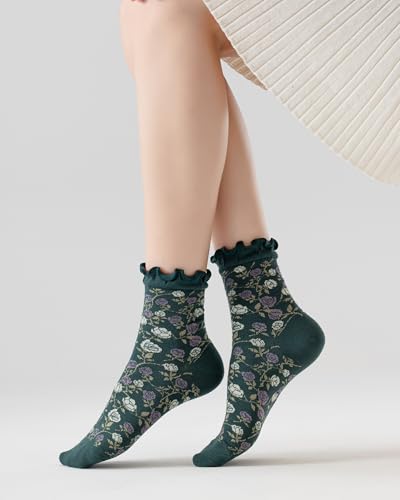 Image of Womens Ruffle Crew Socks Vintage Patterned Ankle Casual Fashion Dress Sock Cute Lettuce Floral Socks 5 /6 Pack