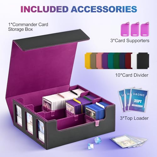 Image of UAONO Card Storage Box for Trading Cards, 1800+ Commander Deck Box for MTG with Display Window, Toploader Card Case fits Magic TCG PTCG Sports Cards; 10 Removable Divider, 3 Stoppers (Black, Purple)