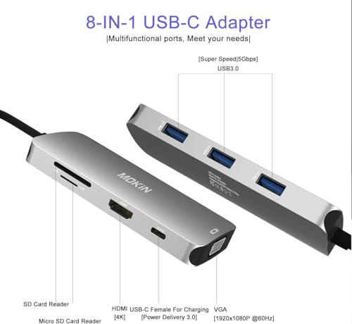 Image of USB C Hub Multiport USB C Adapter for MacBook Pro 2023 2022 2021 2020,USB C Hub USB C to HDMI VGA SD TF Card Reader 3USB 3.0 and USB C Power Pass-Through Port