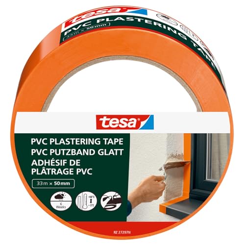 tesa Ruban Adhésif de Plâtrage avec Support en PVC Renforcé - Protection lors du Plâtrage en Extérieur - Résistant aux Températures, Se Déchire à la Main - Orange - 33 m x 50 mm