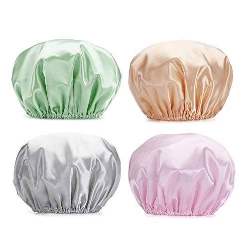 Shower Cap, 4Pack Double Layer Waterproof Shower Caps Satin Bathing Shower Hat Reusable Shower Caps Oilproof Hair Protection Caps for Women