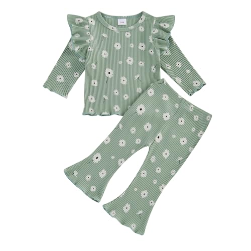 Baby Girl Fall Clothes Set Ruffle Long Sleeve Tops Flare Pants Cute Infant Toddler Outfits 6 12 18 24 Months 2T 3T (Flower Green, 18-24 Months)