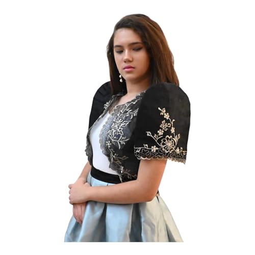 Mestiza Pinya Filipiniana Jade Bolero, Embroidered Floral Design, Traditional Filipino Fashion (US, Alpha, 3X-Large, Regular, Regular, Black)
