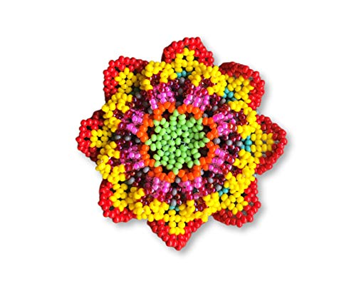 Image of Mayan Arts Mini Beaded Flower Brooch Pin, Green, Orange, Yellow, and Blue Handmade Decorative Flowers, Jewelry Accessory, Fair Trade Guatemala, 2.5 Inches