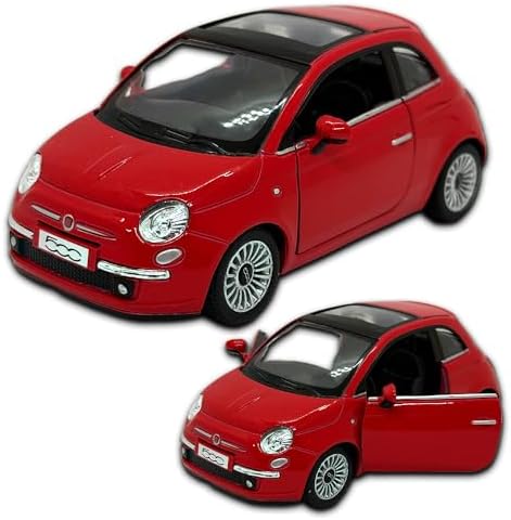 Carrinho de ferro Miniatura Fiat 500 2007, Em Metal, Com fricção, escala 1:28, 12 Cm de comprimento (Vermelho)